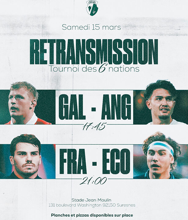 Affiche d'un événement à la Pena Suresnoise, retransmission du match France-Ecosse le 15 mars 2025